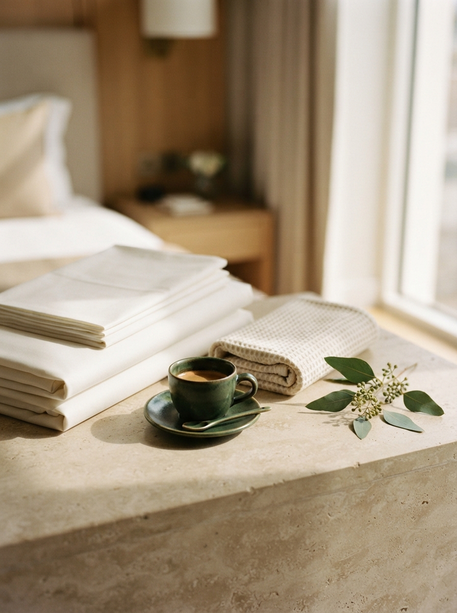 Folded white linens, a rolled towel, coffee cup, and leafy branch on a stone tabletop by a window.