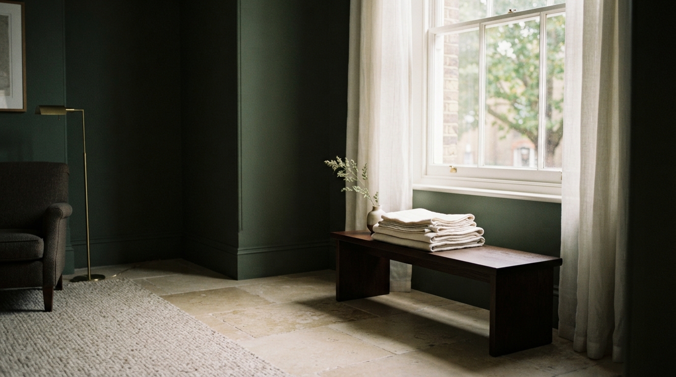 Living room with folded blankets on a wooden bench beneath a sunlit window.