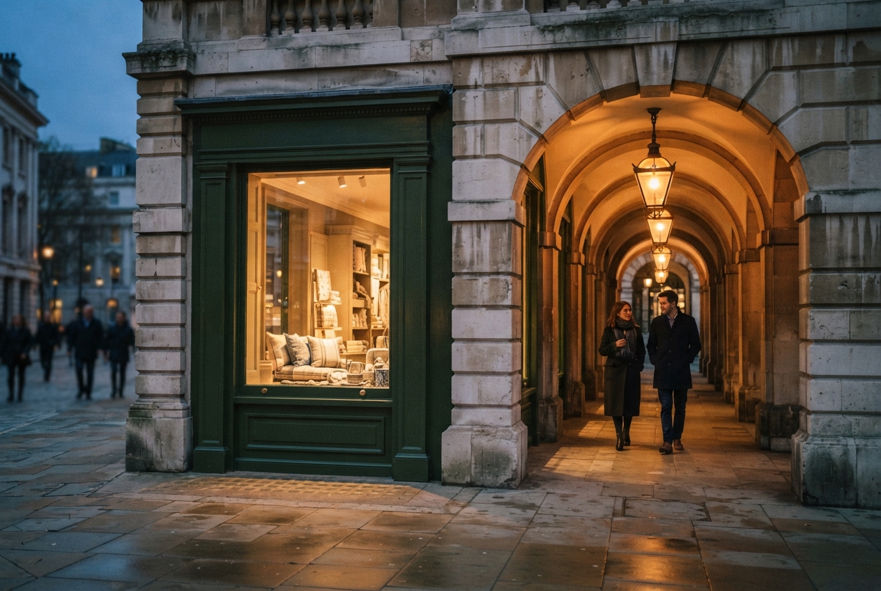 Couple walking through a lantern-lit stone arcade beside a green storefront at dusk.