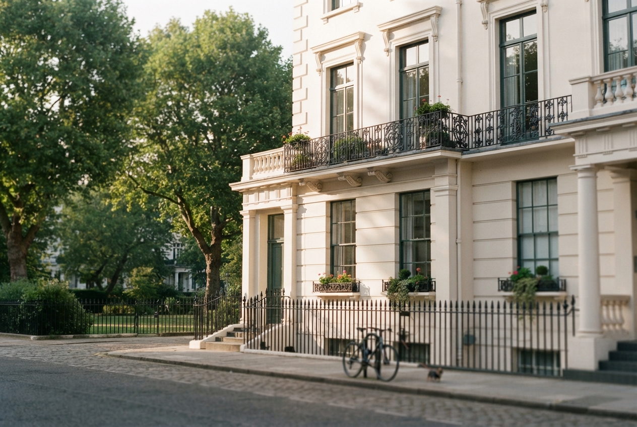 Cream townhouse with black railings beside leafy trees, a garden, and a bicycle on the sidewalk.