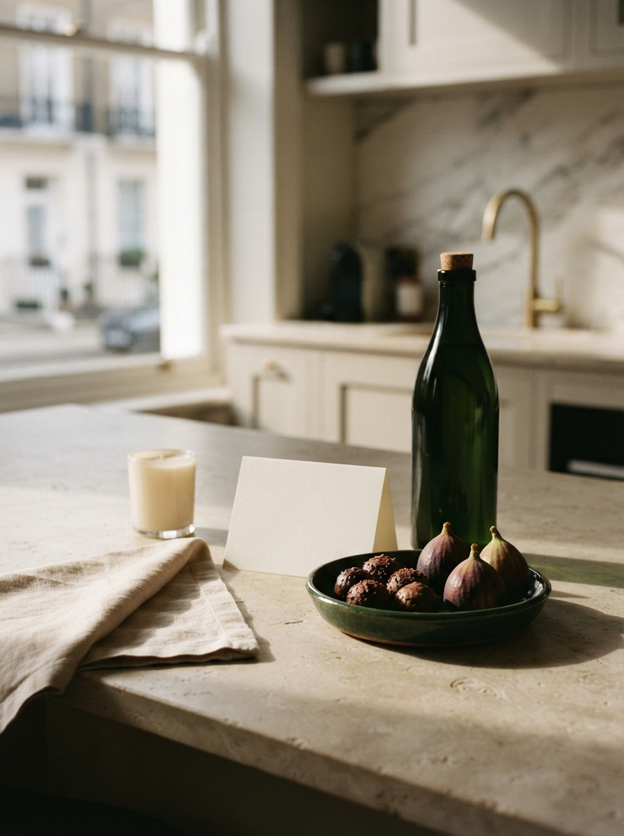 Still life with figs, a green bottle, candle, blank card, and linen on a kitchen island.
