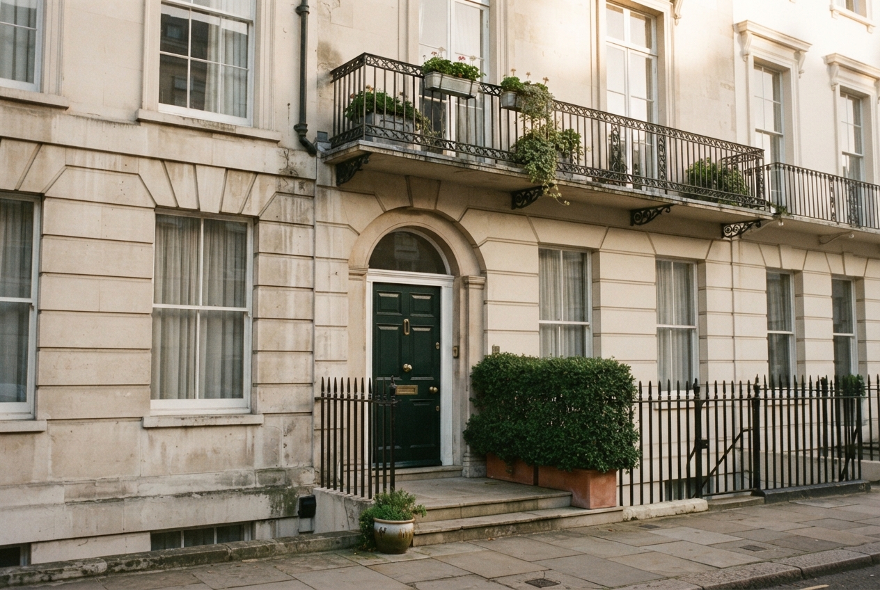 Cream townhouse façade with a dark green door, iron railings, balcony, windows, and potted greenery.